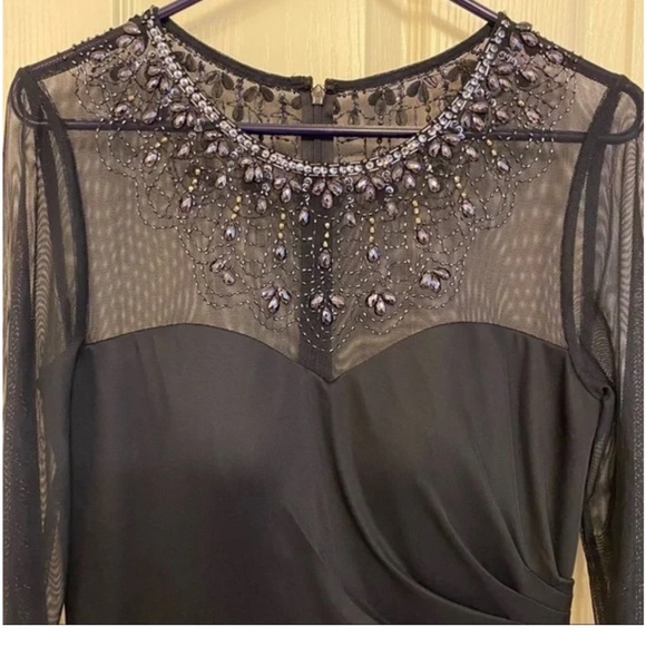 Alex Evenings Illusion Embellished 3/4 Sleeve Ruched A-Line Gown in Dark Navy - Picture 2 of 9